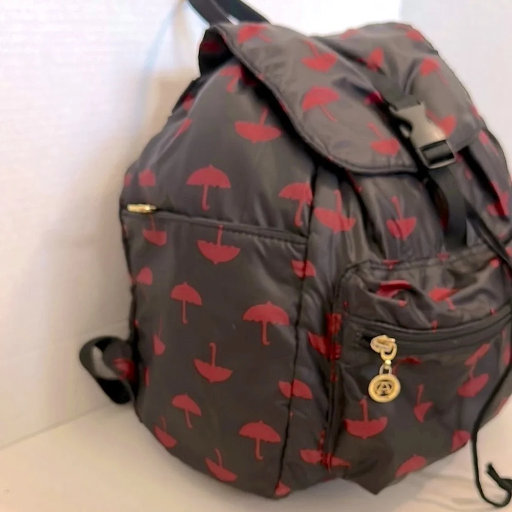 Anna Christina Firenze Red and Black umbrella Patterned Backpack EUC
